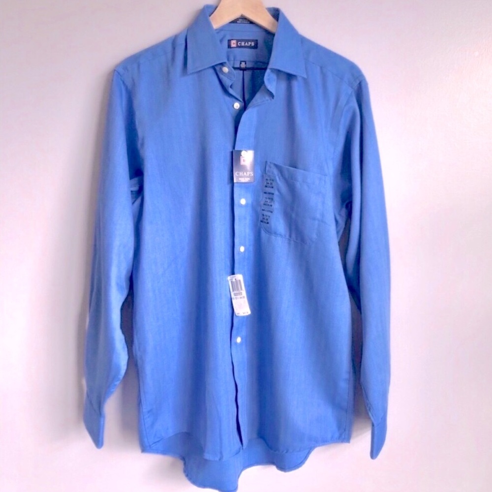 New Herringbone Textured Woven Blue Chaps Cotton Men’s Dress Shirt 15.5 34/35